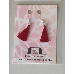 Red tassel earrings fish hook silver metal wires w 1.5 in drop medium great gift